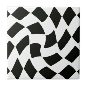 Black and White Warped Checkerboard Ceramic Tile