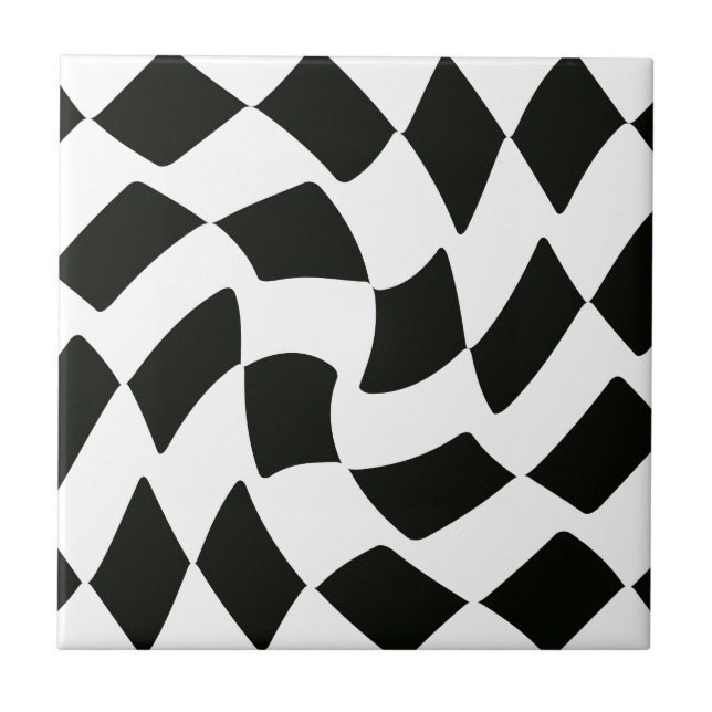 Black and White Warped Checkerboard Ceramic Tile (Front)