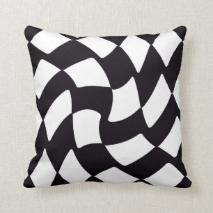Black and White Warped Checkerboard Throw Pillow