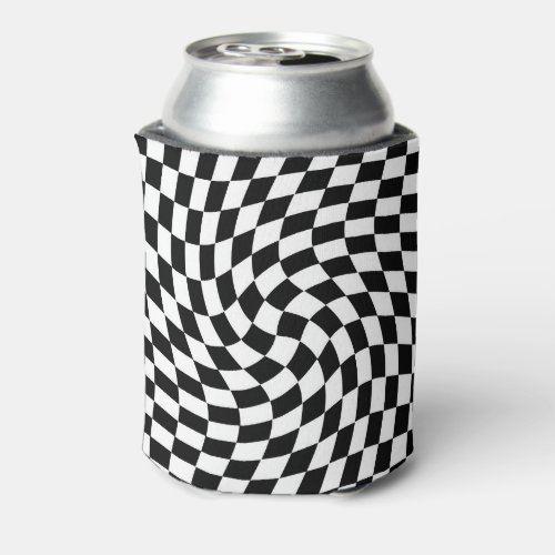 Black and White Warped Checkered Pattern Can Cooler
