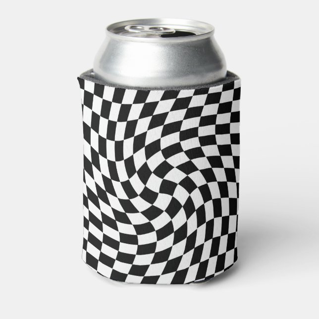 Black and White Warped Checkered Pattern Can Cooler (Can Back)