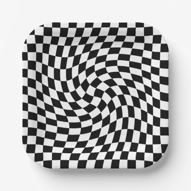 Black and White Warped Checkered Pattern Paper Plates (Front)