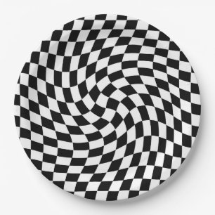 Black and White Warped Checkered Pattern Paper Plates