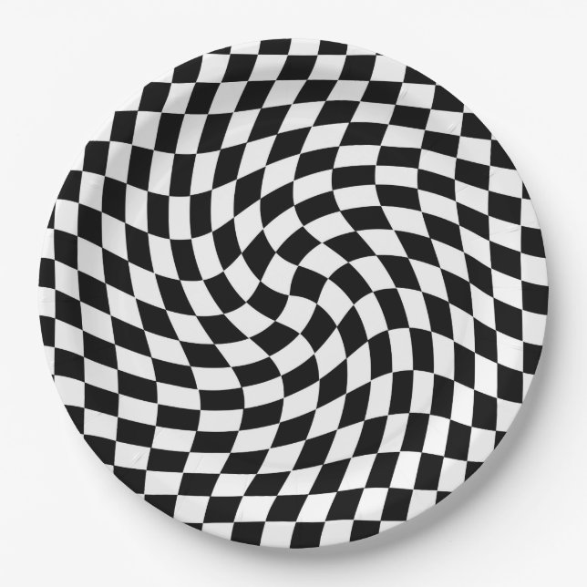 Black and White Warped Checkered Pattern Paper Plates (Front)
