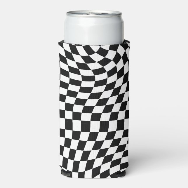 Black and White Warped Checkered Pattern Seltzer Can Cooler (Seltzer Front)