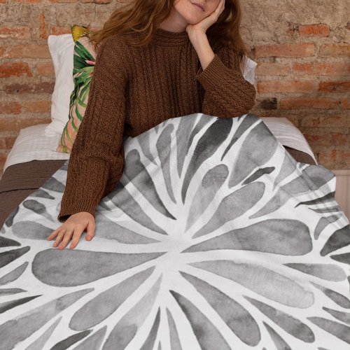 Black and white watercolor abstract floral burst fleece blanket