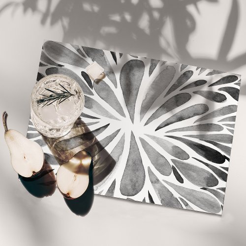 Black and white watercolor abstract floral burst placemat