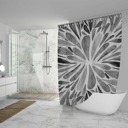 Black and white watercolor abstract floral burst shower curtain