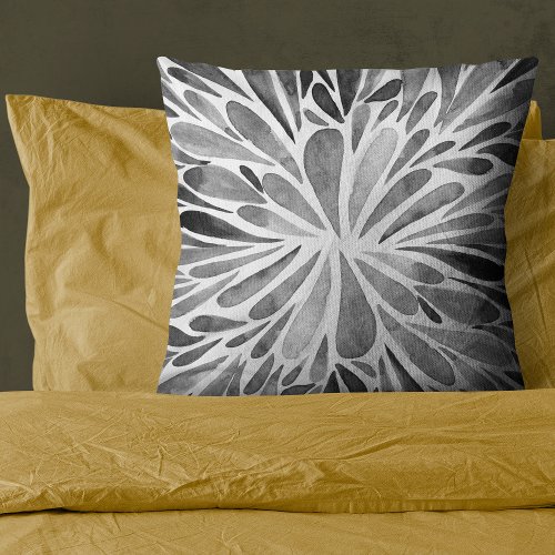 Black and white watercolor abstract floral burst throw pillow