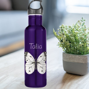 Black and White Watercolor Butterfly Stainless Steel Water Bottle