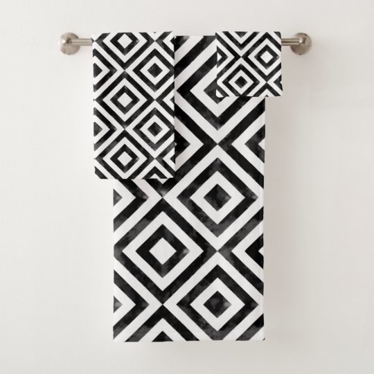 Black and White Watercolor Diamond Pattern Bath Towel Set
