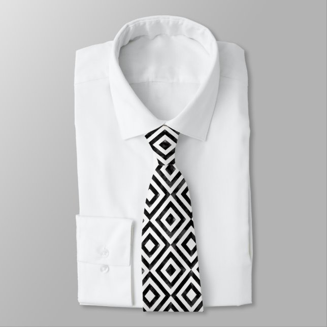 Black and White Watercolor Diamonds Pattern Neck Tie (Tied)