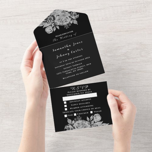 Black and White Watercolor Floral Script Wedding All In One Invitation