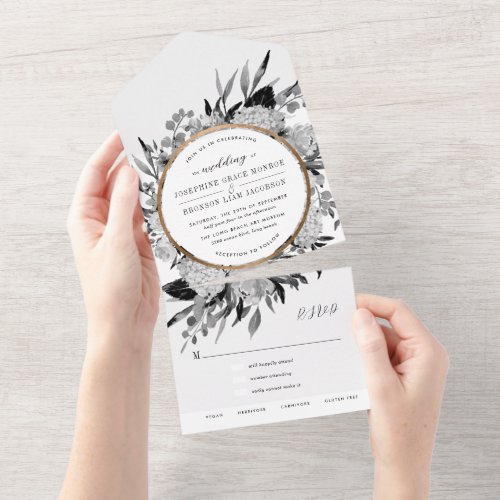 Black and White Watercolor Floral Wedding All In One Invitation