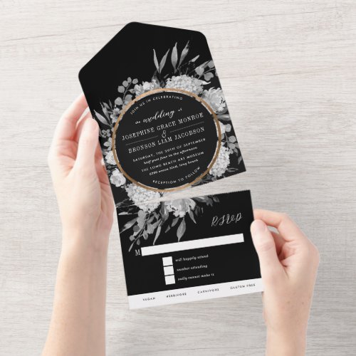 Black and White Watercolor Floral Wedding All In One Invitation