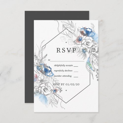 Black and White Watercolor Floral Wedding RSVP Card