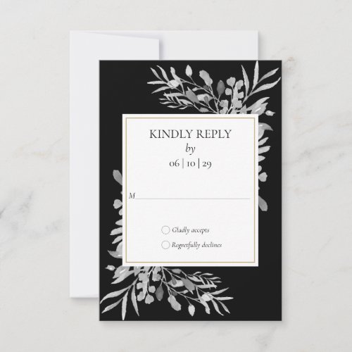 Black And White Watercolor Foliage Gold RSVP Card