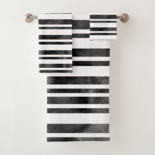 Black and White Watercolor Stripes Bath Towel Set