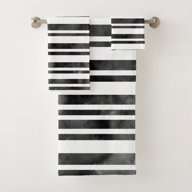 Black and White Watercolor Stripes Bath Towel Set (Insitu)