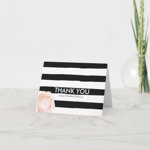 Black and White Watercolor Stripes Rose Thank you