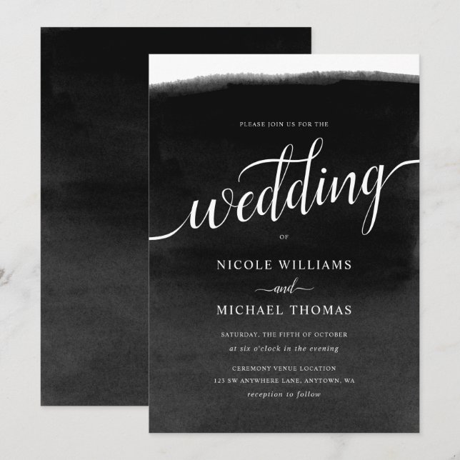Black and White Watercolor Wedding Invitation (Front/Back)