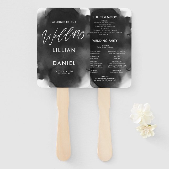 Black and White Watercolor Wedding Program Hand Fan (Front and Back)