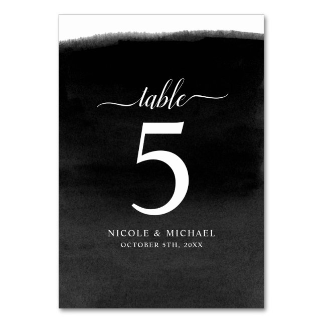 Black and White Watercolor Wedding Table Number (Front)