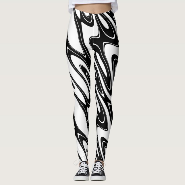 Black And White Wave Abstract Leggings (Front)