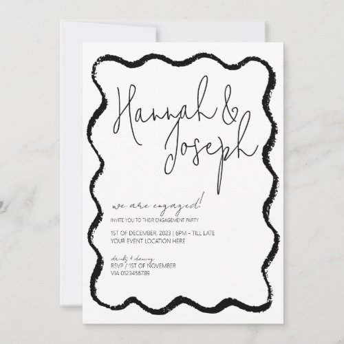 Black and White Wave Border Engagement Party Invitation