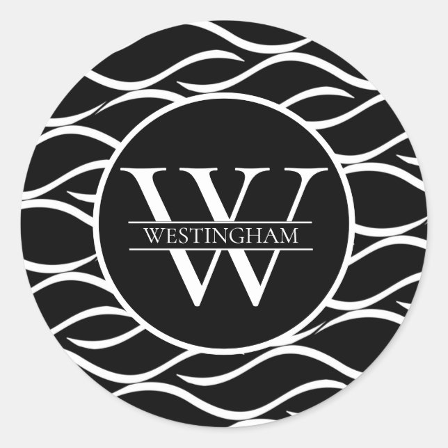 Black and White Wave Pattern Monogram with Name Classic Round Sticker (Front)