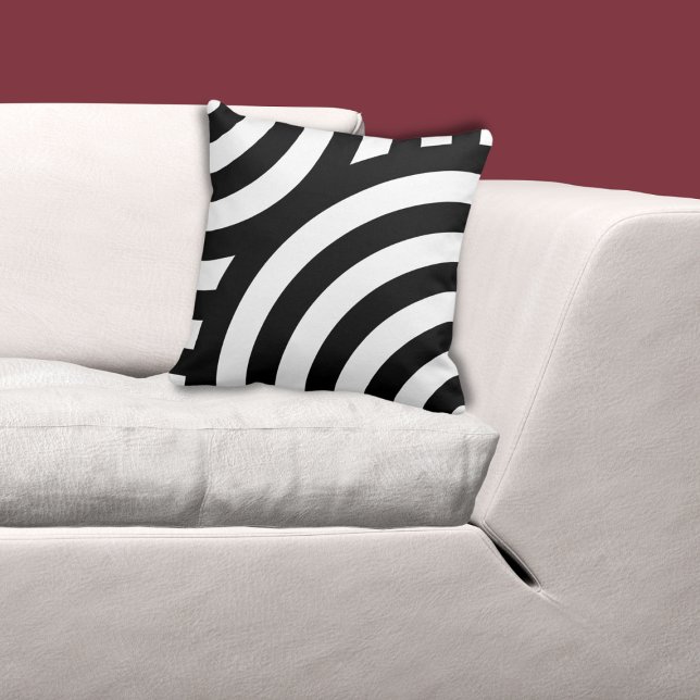 Black and White Wave Pattern Throw Pillow (Geometric Black Nested Quarter Circle Pattern on White Throw Pillow, custom color possible)