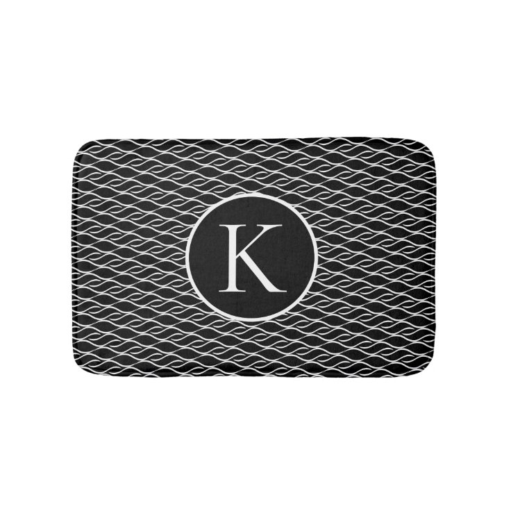 Black and White Wave with Custom Monogram Bath Mat Zazzle