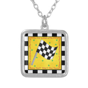 Black and White Waving Checkered Flag Motor Racing Silver Plated Necklace