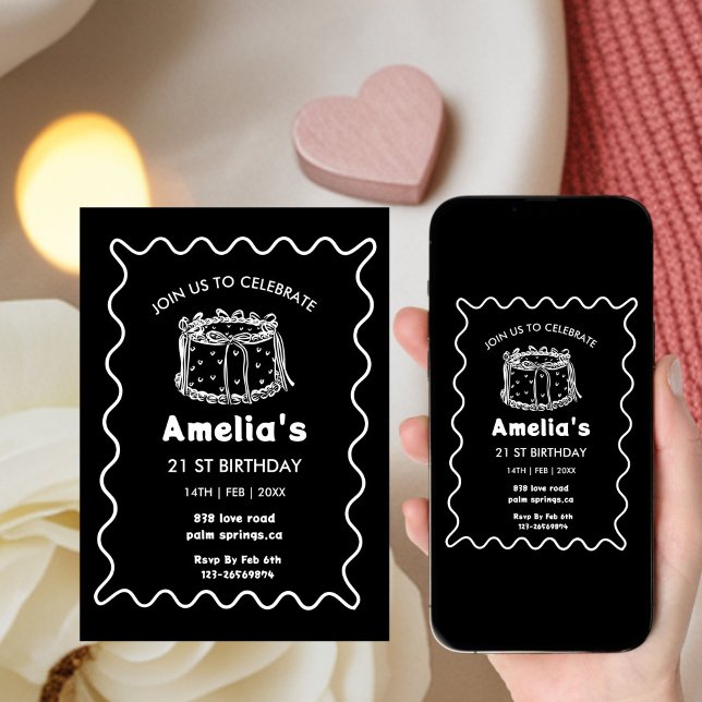 Black and white Wavy Birthday hand drawn cake Invitation (Creator Uploaded)