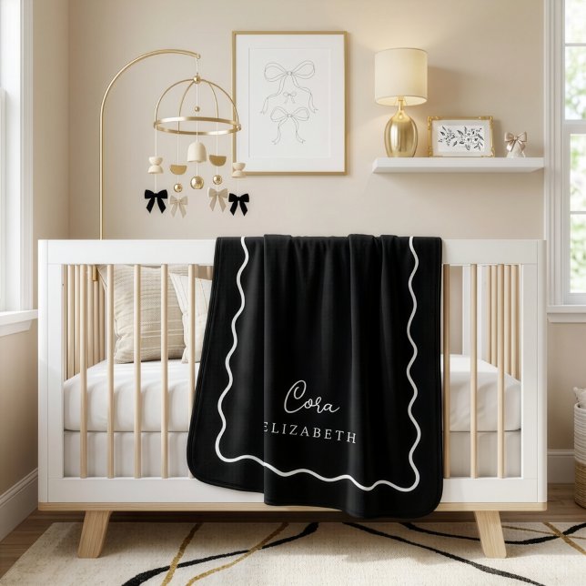 Black and White Wavy Border Monogrammed Baby Blanket (Creator Uploaded)