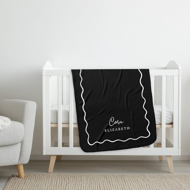 Black and White Wavy Border Monogrammed Baby Blanket (Creator Uploaded)