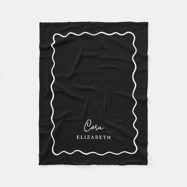 Black and White Wavy Border Monogrammed Fleece Blanket (Front)