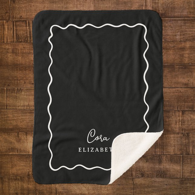 Black and White Wavy Border Monogrammed Sherpa Blanket (Creator Uploaded)