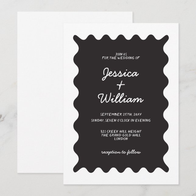 Black and White Wavy Borders Handwritten Wedding  Invitation (Front/Back)