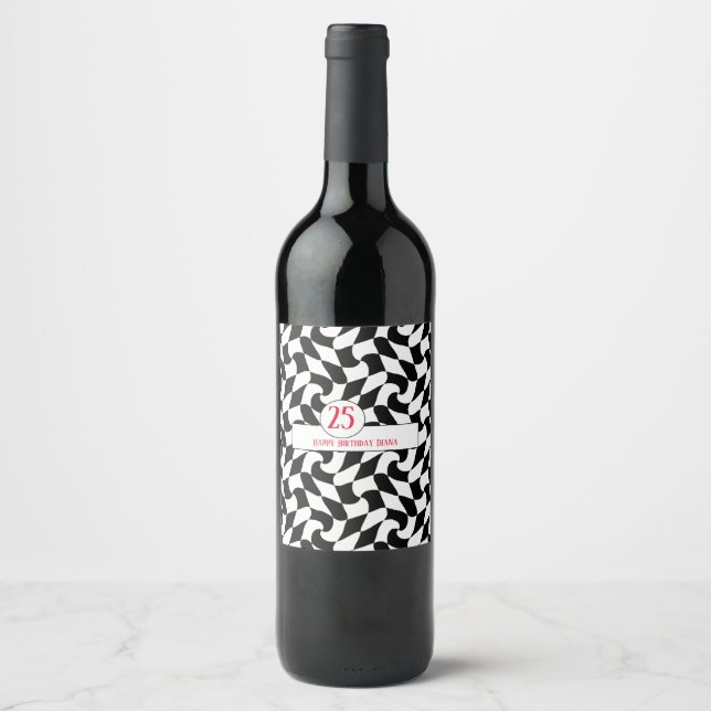 black and white wavy checker, paper plates wine label (Front)
