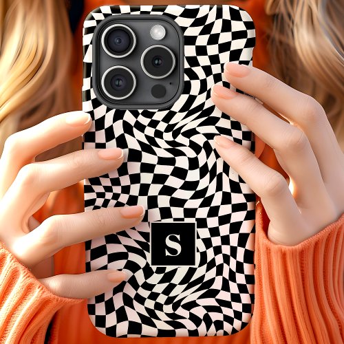 Black and White Wavy Checkered Monogrammed iPhone 15 Case