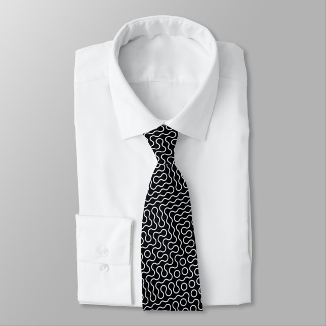 Black and White Wavy Lines Design Neck Tie (Tied)