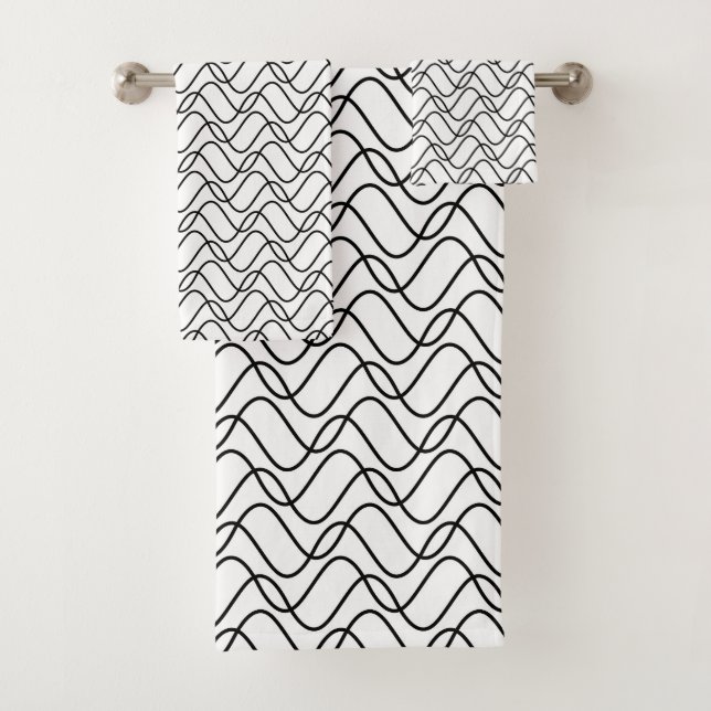 Black and White Wavy Lines Pattern Bath Towel Set (Insitu)