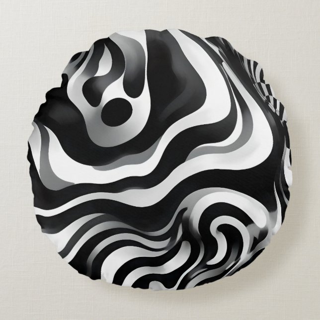 Black And White Wavy Op Art, Round Pillow (Front)