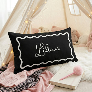 Black and White Wavy Scallop Frame Monogram Lumbar Pillow