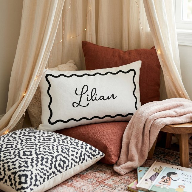 Black and White Wavy Scallop Frame Monogram Lumbar Pillow (Creator Uploaded)