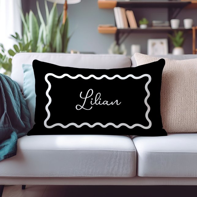 Black and White Wavy Scallop Frame Monogram Lumbar Pillow (Creator Uploaded)
