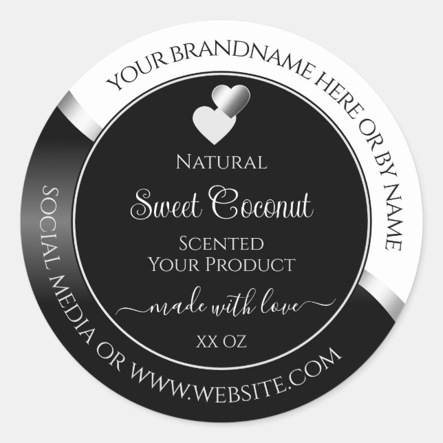 Black and White Wavy Silver Hearts Product Labels (Front)