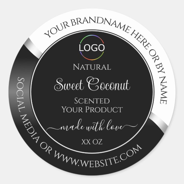 Black and White Wavy Silver Logo Product Labels (Front)