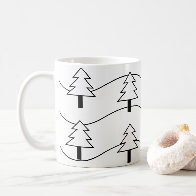 Black and White Wavy Stripe Christmas Tree Pattern Coffee Mug (With Donut)